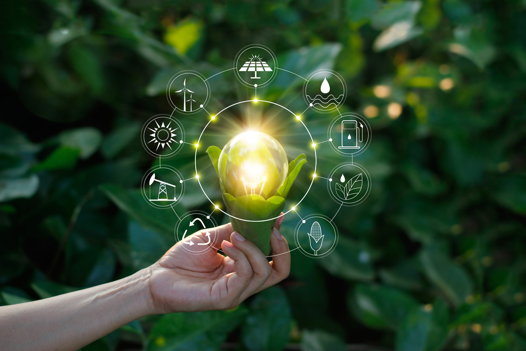 Visão aérea de soluções tecnológicas sustentáveis integradas a paisagem verde.